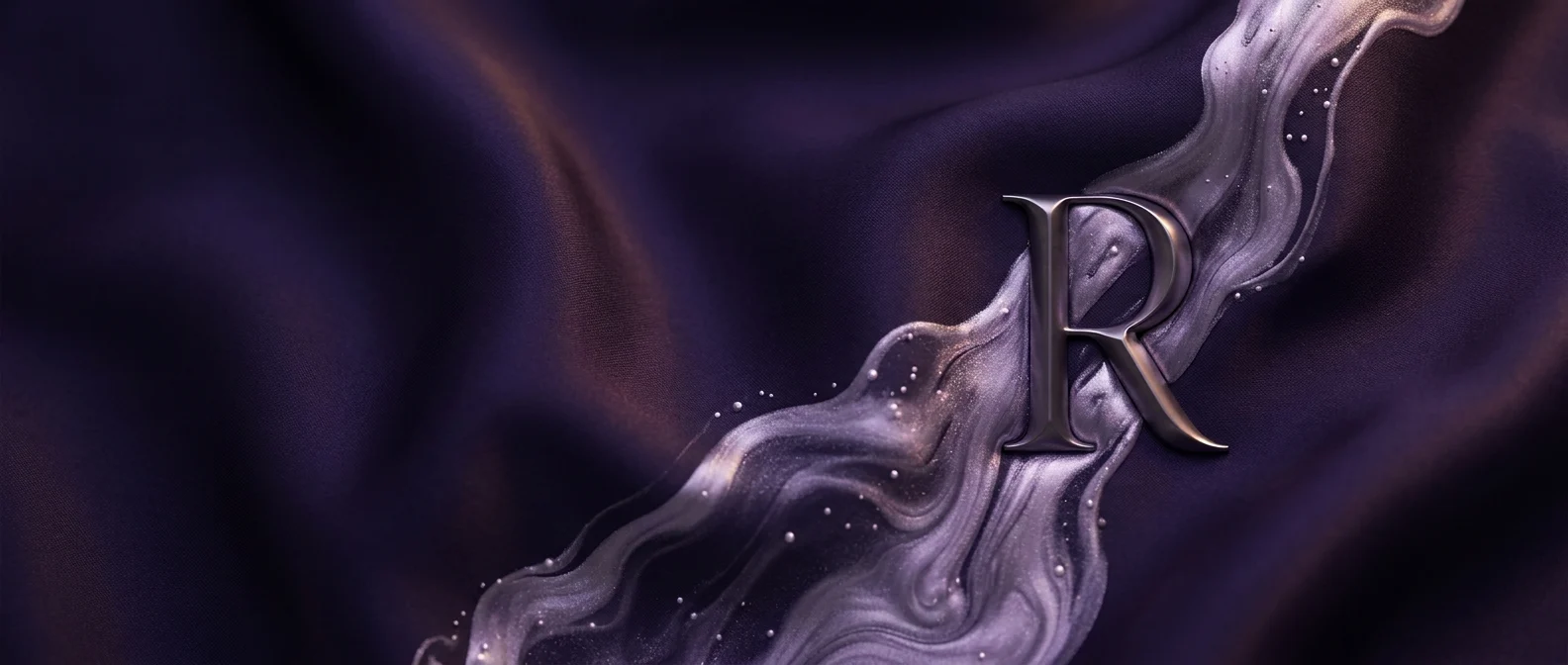 An abstract graphic featuring a metallic 'R' rising from swirling purple and silver fluid art.